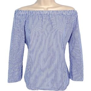 Zara Blue White Stripe Off the Shoulder Preppy Blouse Top Long Sleeve Poplin XS